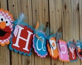 Happy Birthday Banner- Elmo in pink and turquoise