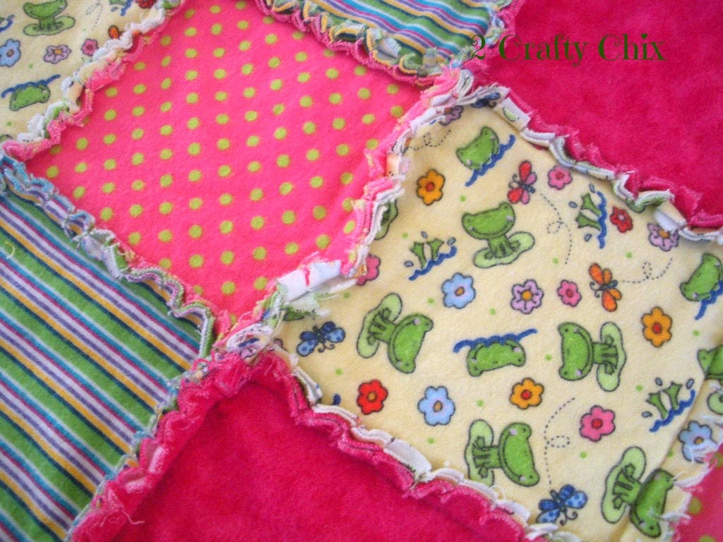 Frogs in Green and Pink Flannel Rag Edge Quilt Blanket