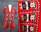 vintage 70s Poncho - Red Ethnic Sweater - Novelty People Poncho Sz S M L