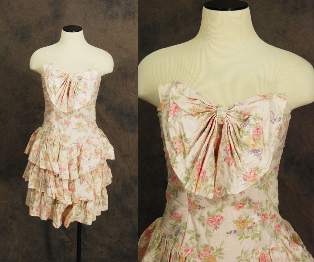 vintage 80s Prom Dress - Strapless Floral Bow Puffed Formal Dress Sz S