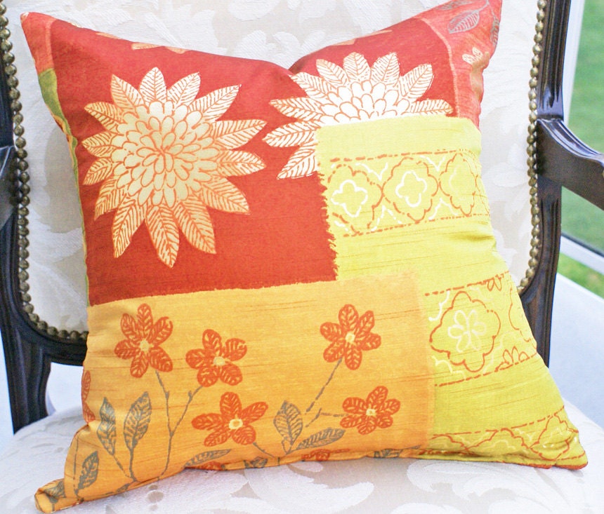 Modern Throw Pillow, Mod Pillows, Colorful, Burnt Orange Green Gold, Floral, Cushion Cover, Accent, Funky Pillows, Spring Home Decor 18x18