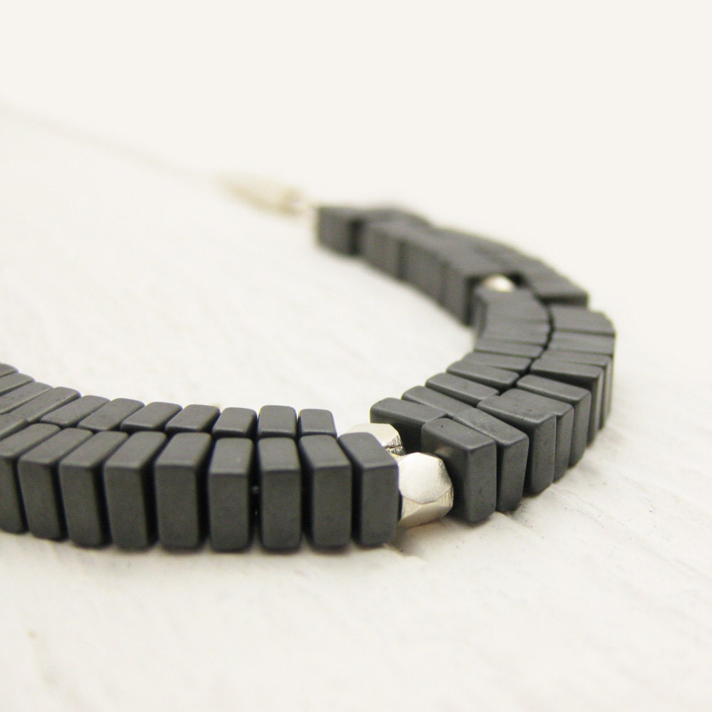 Geometric Bib Necklace / Modern Black Dark Grey Hematite Sterling Silver / Squares Nuggets Tubes Shapes / Night Fashion Boho Tribal
