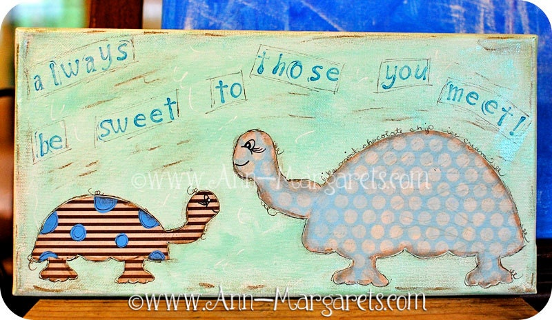 Original Mixed Media Turtle Art "Be Sweet" - 7x14 Canvas Artwork by Ann-Margaret