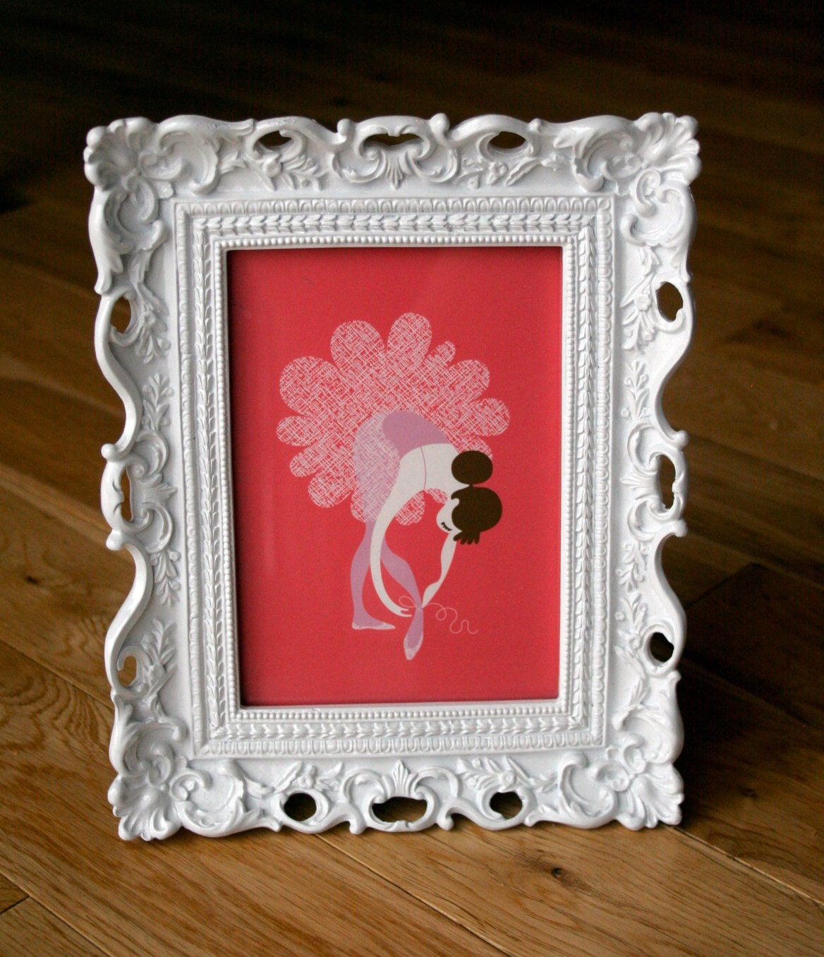 ballerina tying slippers giclée print. 5X7. pink & lavender.