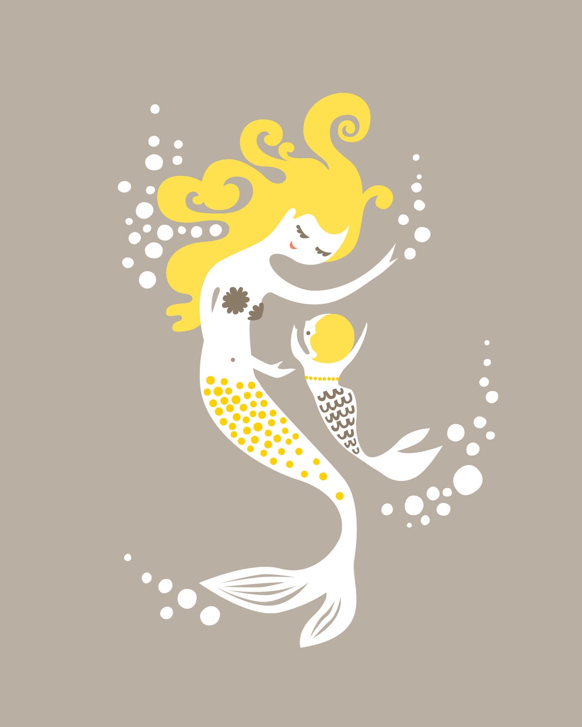 mermaid mother & baby girl. taupe/gray, gold and yellow. mothers day gift.