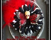 Dead Girl Decay - Day of the Dead  Red Black & White Skullerfly Flower Feather Hair Barrette