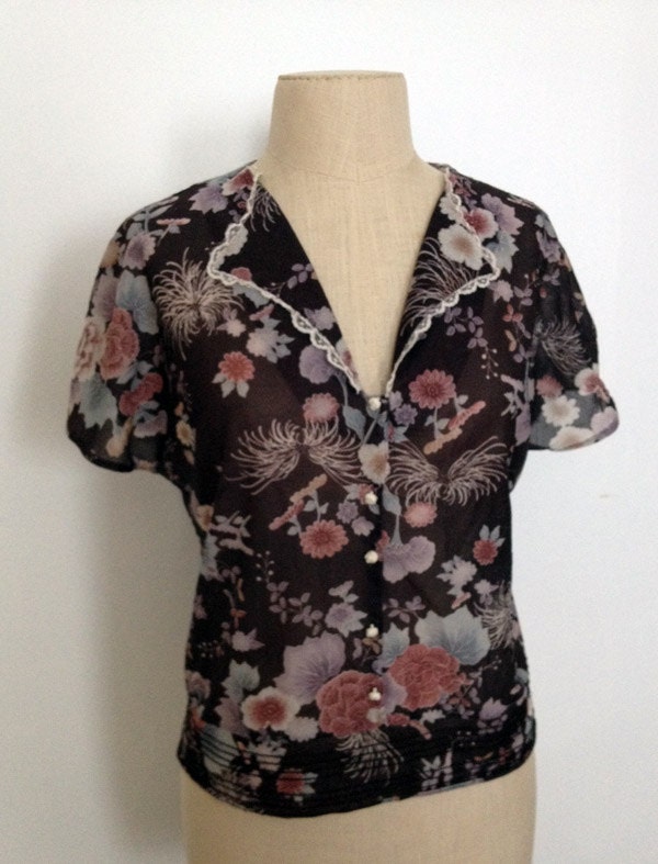 vintage sheer floral blouse m