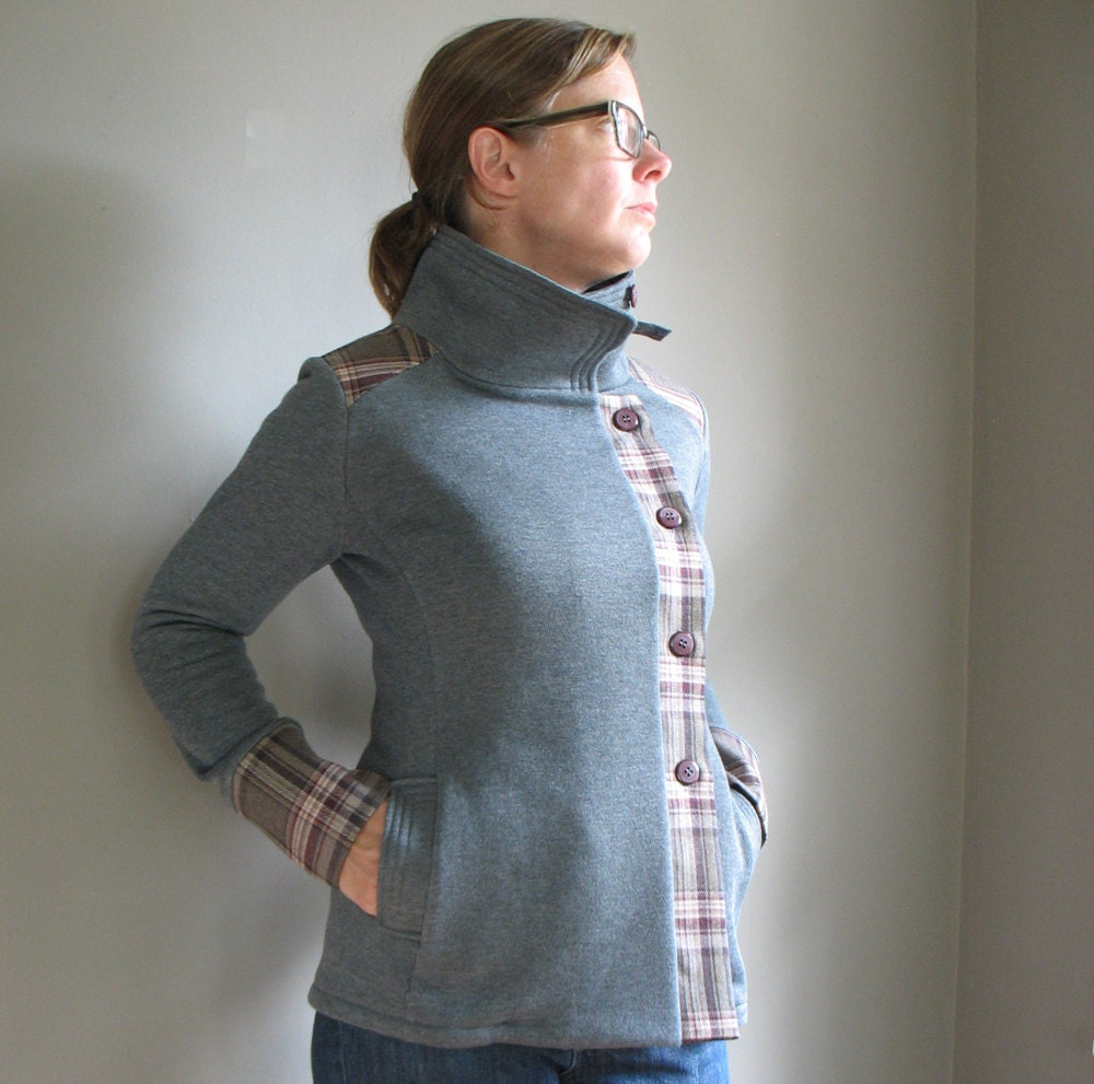 Urban Knit Jacket, womens two tone jacket - Cozy gray knit with plaid wool contrast