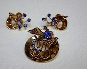 Vintage Brooch Earrings Sapphire Blue Starburst Karu Arke 1950s Jewelry