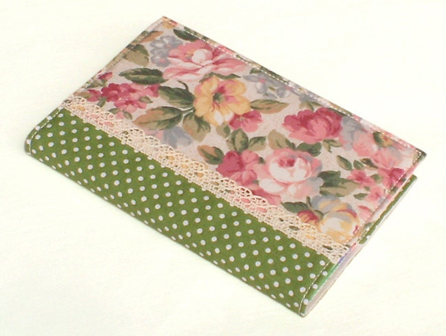 Fabric Journal - English Roses - Handmade A6 Notebook, Diary Cover - Pink, Yellow and Beige Flowers, Green Leaves and Polka Dots with Lace