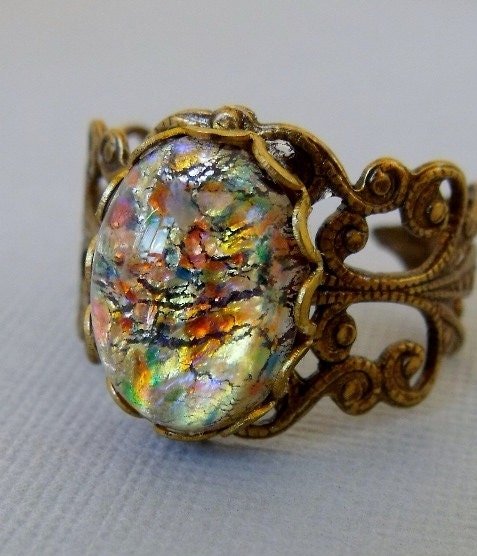 Multiple Color Glass Opal Ring With Antique Brass Adjustable Filigree Ring Band