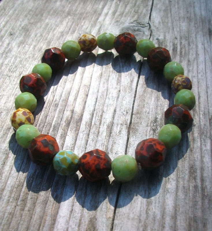 Natural Gemstone Stretchy Fall Tone Bracelet Green and Red Rare Gemstone beads. Red, Green, Blue