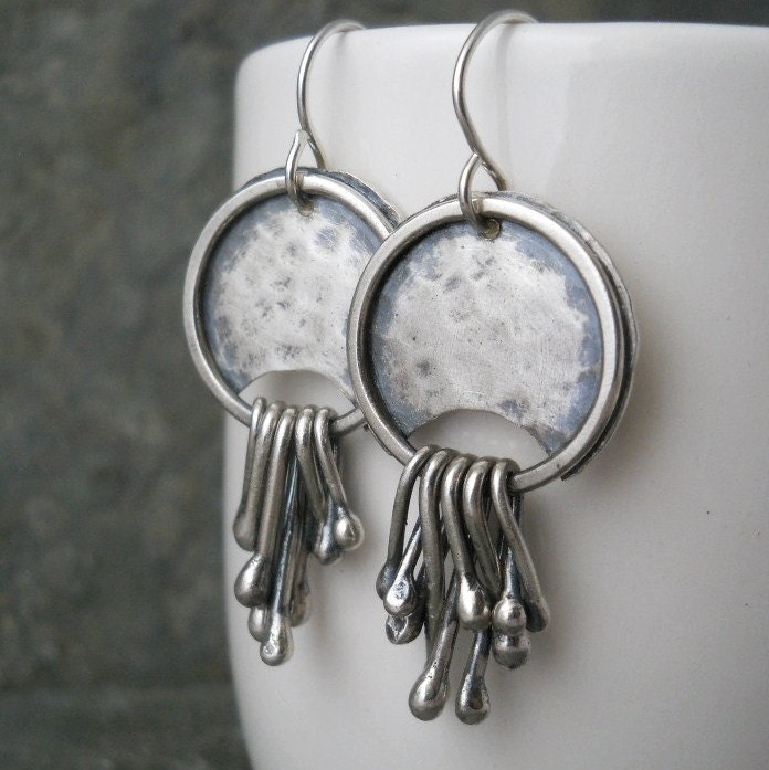 octopus earrings, sterling silver, hand forged, abstract, modern dangle earrings, made to order