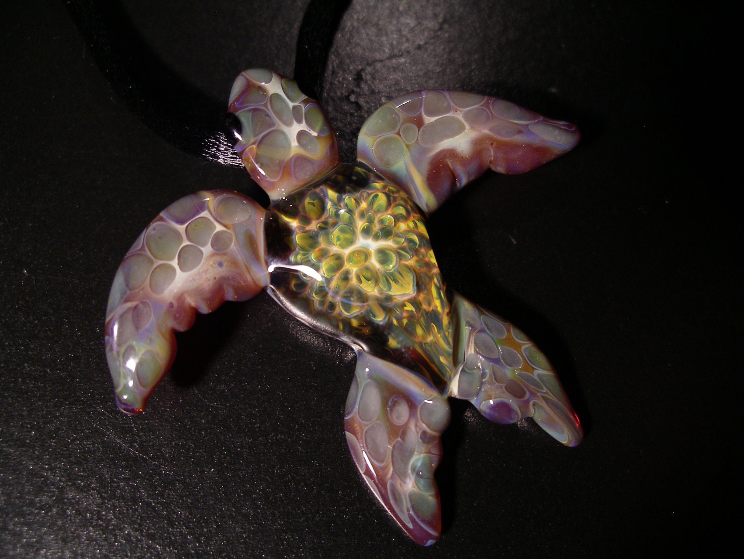 Implosion Sea Turtle Pendant, wearable art, handmade borosilicate glass, with satin cord, clasp and gift bag, unique gift, FREE SHIPPING