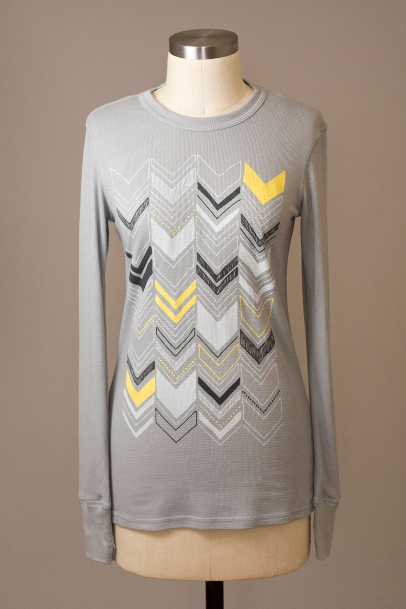women's thermal - Chevron pattern - Bella brand - made in USA - gray and yellow inks - FREE SHIPPING