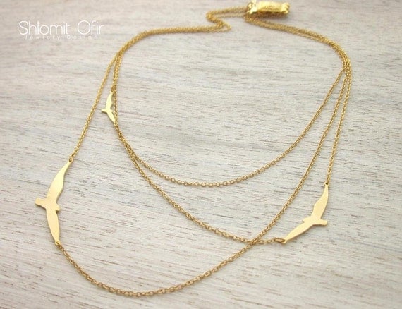 Three Layered Flying Birds Necklace in Gold