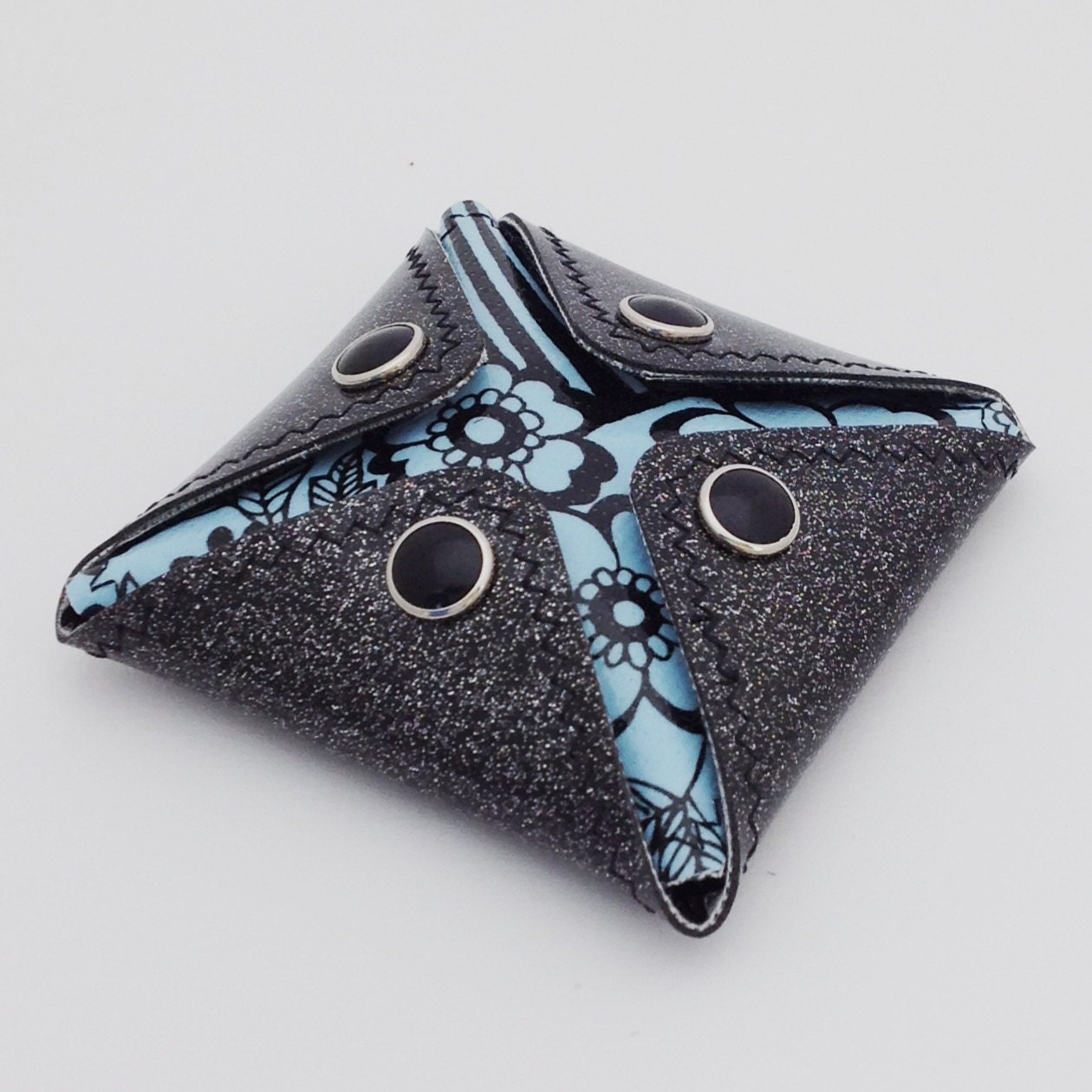Vinyl Coin Purse, Snappy Square Puffy Pouch in deep black sparkle vinyl / black and blue toile and solid black oilcloth