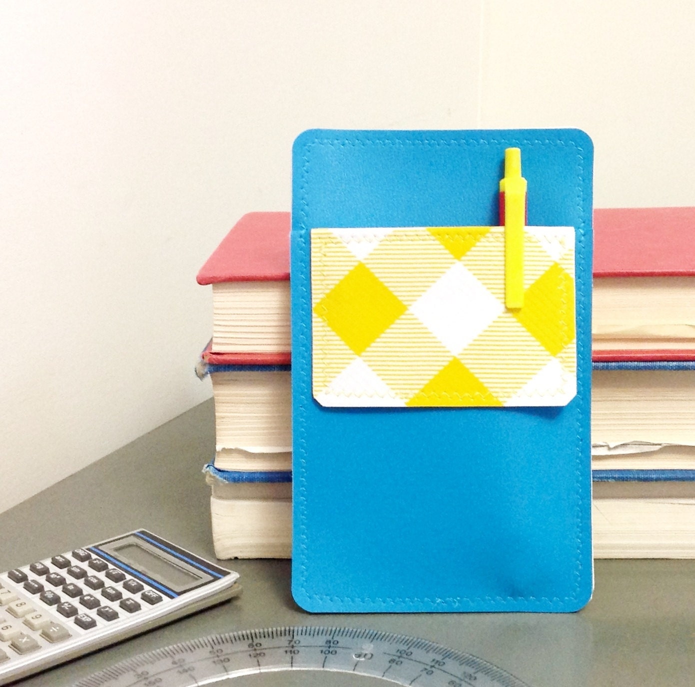 Nerd Power Vinyl Pocket Protector in turquoise blue matte vinyl /  yellow mega gingham oilcloth