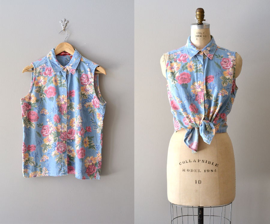 sleeveless denim shirt / striped denim / Backyard Gardener top