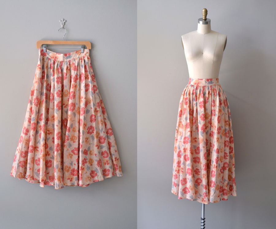 vintage floral skirt / midi skirt / Painted Poppies