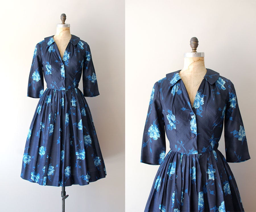 1950s dress / vintage 50s dress / silk floral dress / Wild Blue Iris