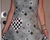 Grey and Black Skully Apron with Checker Print Ruffle and Pink Accents