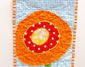 poppy wall quilt- single stem orange, yellow and red poppy on blue, wall art, wall hanging