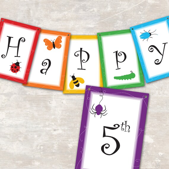 PRINT & SHIP Rainbow of Bugs Birthday Party Pennant Banner ("Happy 1st Birthday") Il_570xn