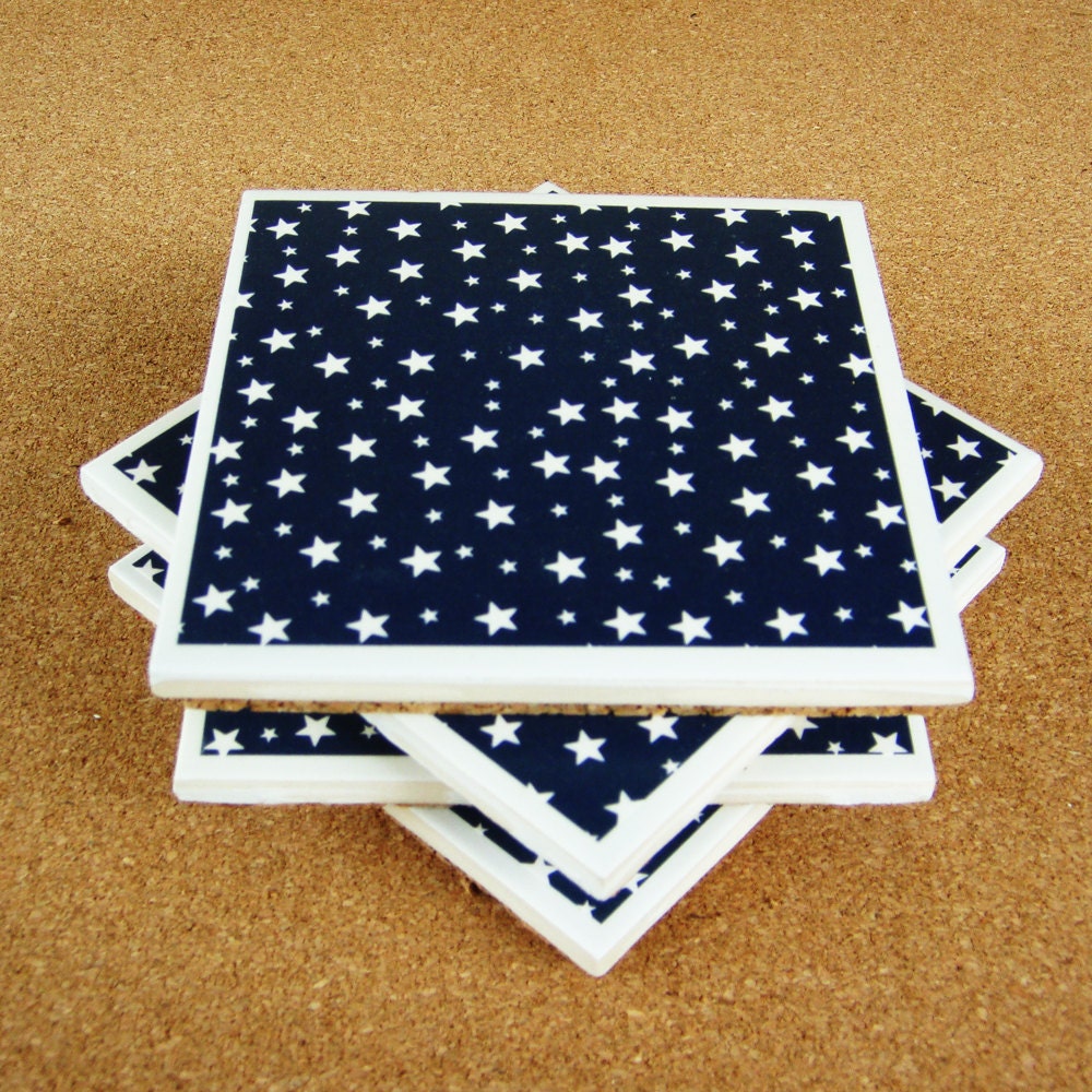 White Stars Navy Ceramic Tile Coasters - Set of 4 - Ready to Ship