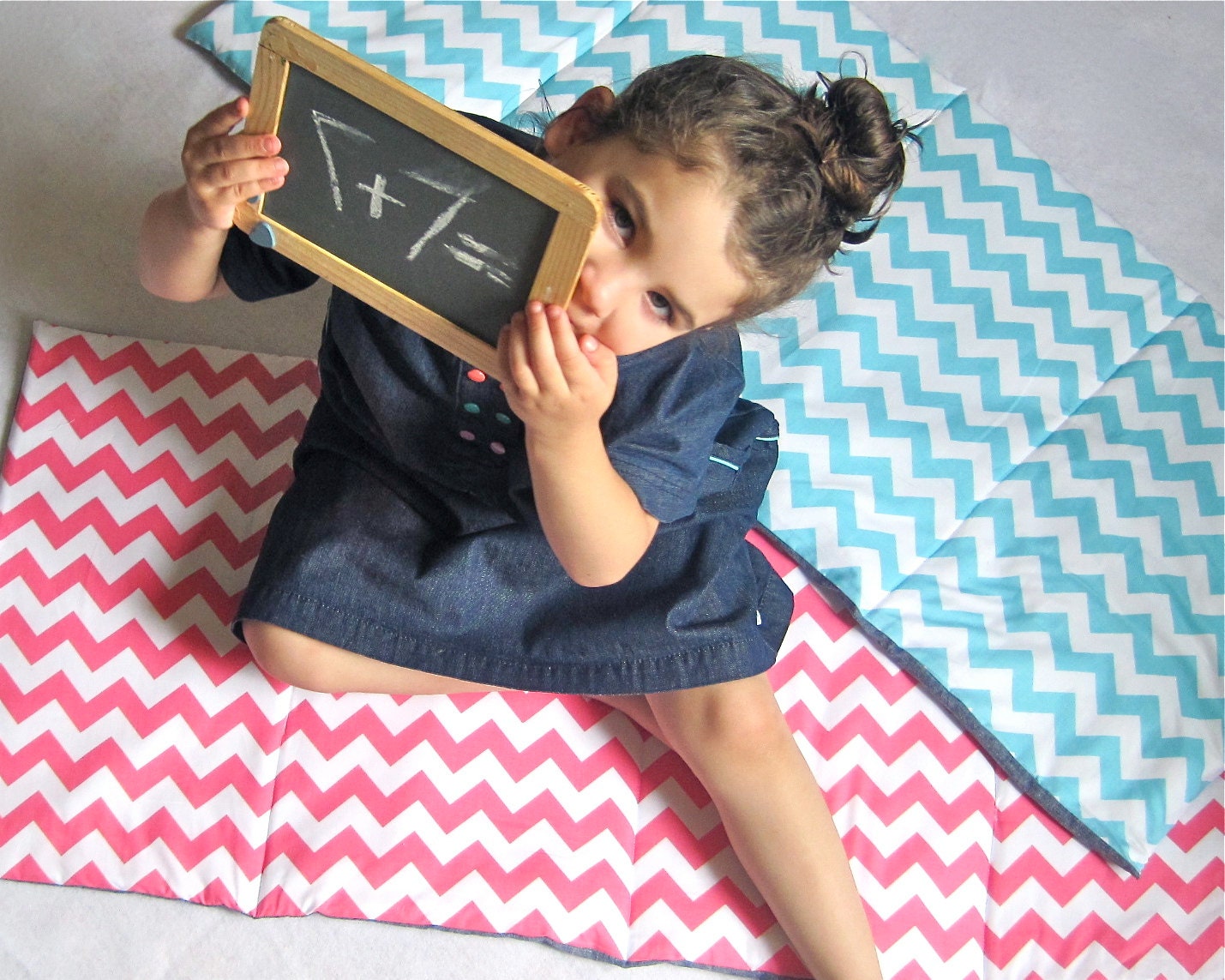 Preschool Nap Mat - Pink Chevron with Organic Denim School Nap Pad  - Eco Friendly Modern Kids Bedding (Ready to Ship)