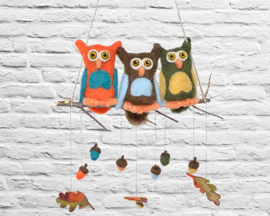 Giant Owls Mobile for Baby Nursery - XL Needle Felted Wool Eco Friendly Kids Home Decor - Orange Blue Brown Forest Birds with Acorns