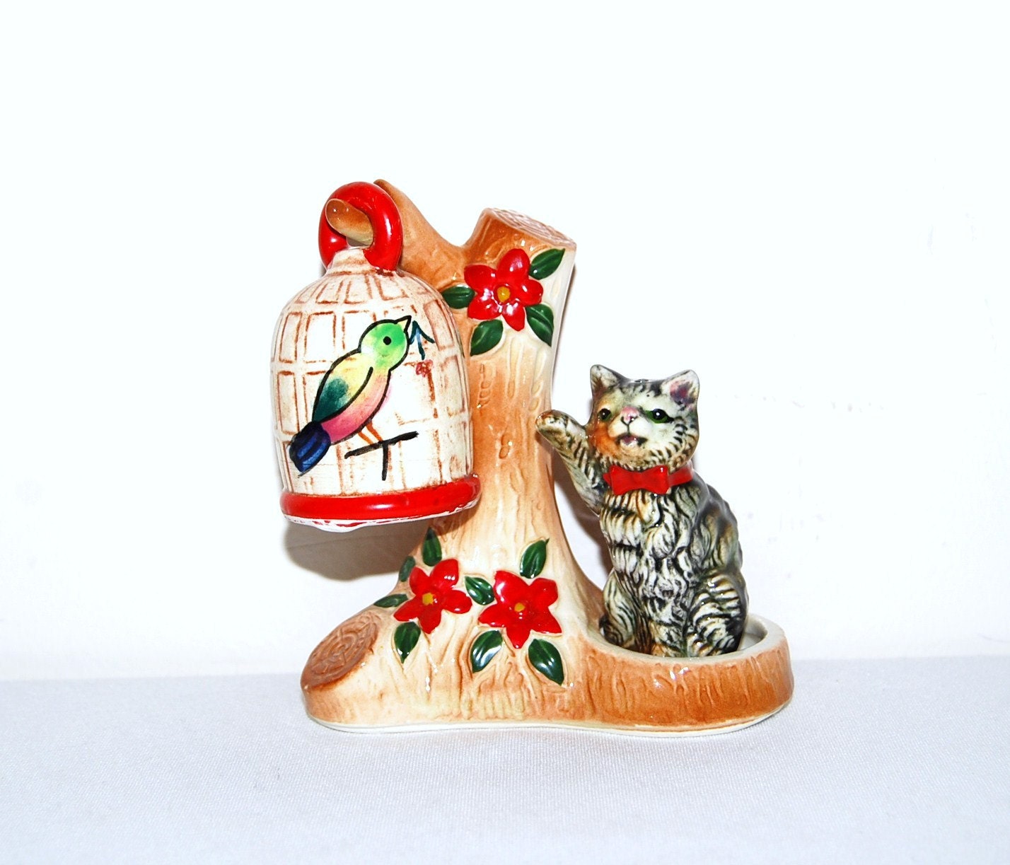 Vintage Bird Cage and Cat Salt and Pepper Shakers