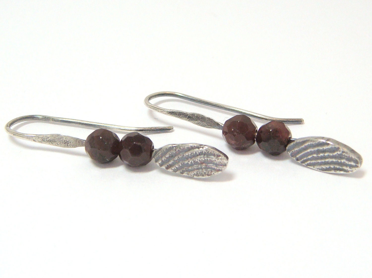 Silver and Garnet Dangle Earrings - Textured Sterling Earrings - Red Burgundy Garnet Earrings - Red Wine and Silver Earrings