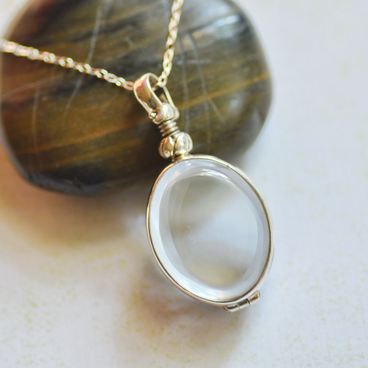 Oval Glass Locket Sterling Silver Necklace - Memorial Keepsake Jewelry