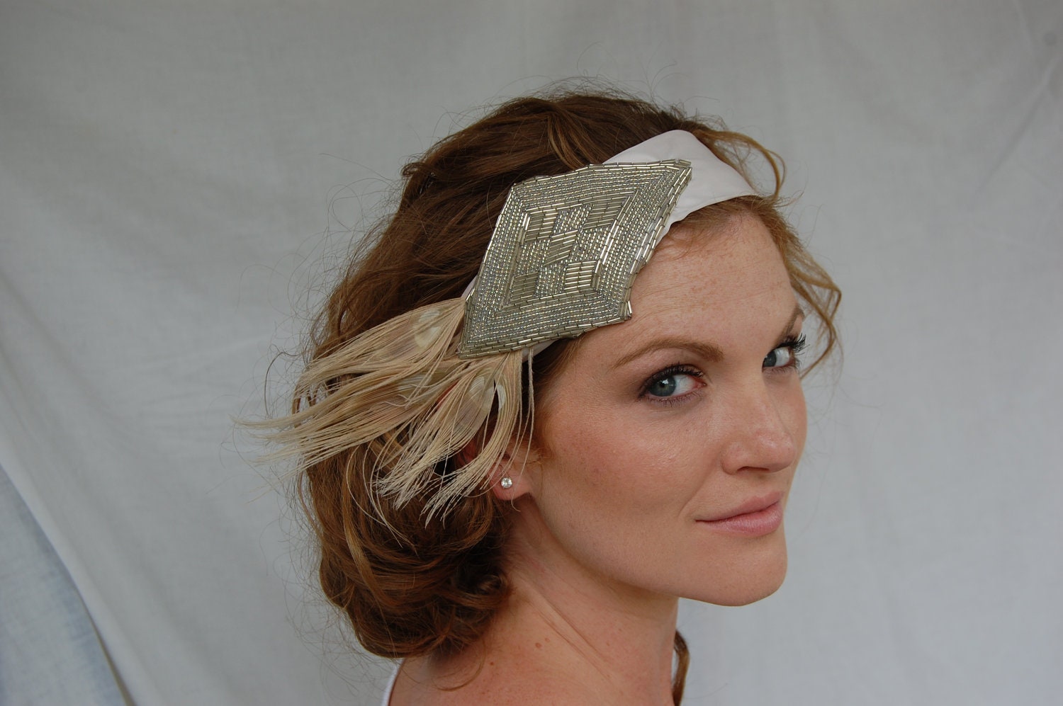 Ivory Peacock and Rhinestone Headband Head Piece Bandeau- Bridal Collection
