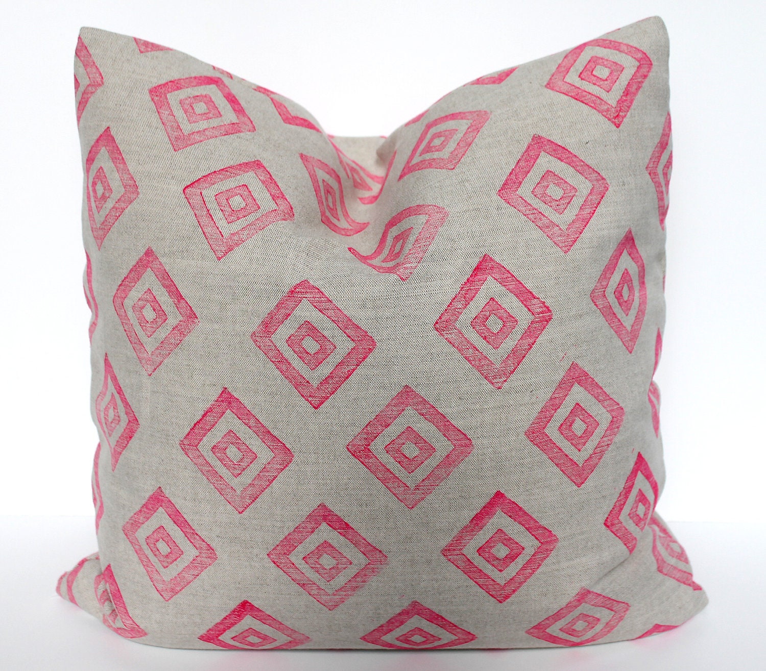 Custom Hand-Blocked Neon Pink Diamonds Print on Natural Linen 20x20 Pillow Cover