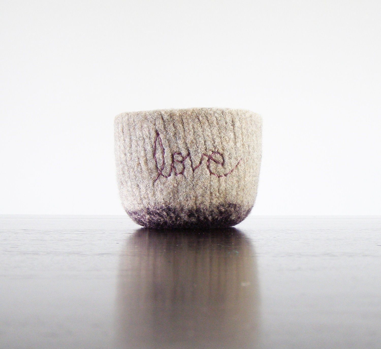 large felted bowl - felted wool bowl in beige brown and eggplant purple wool with greyish purple cotton embroidered word "love" - theFelterie