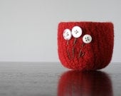 felted wool bowl - bright cherry red with white flowers - small felt bowl - gifts under 20 25