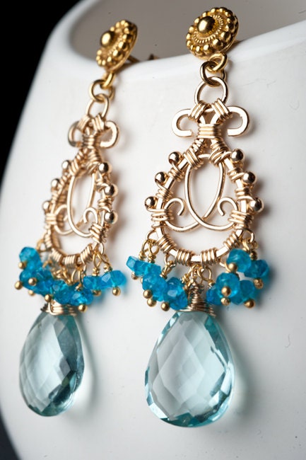 Reserved for Heather - Gold Filigree Chandelier Earrings w/ Vibrant Aqua Blue Corundum Quartz & Teal Apatite: Shenshen (2nd Payment)