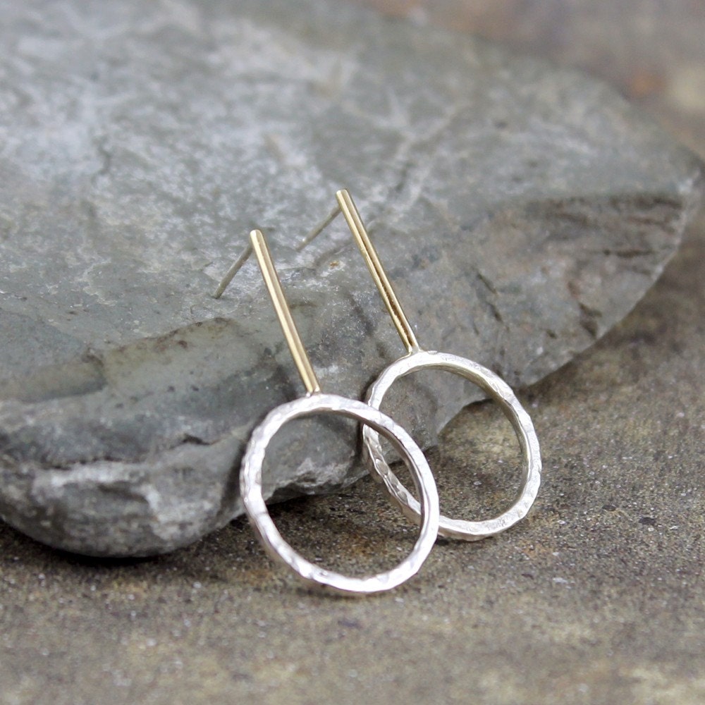 14K Yellow Gold and Sterling Silver Drop Earrings - Rustic Earring - Pendulum Style Pierced Earrings - Mixed Metal Earring - Stud Earrings