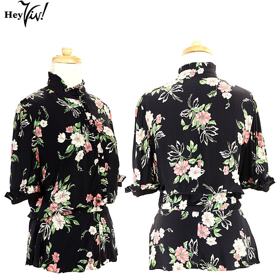 40s Rayon Peplum Blouse - Lively Floral Vintage - size Medium