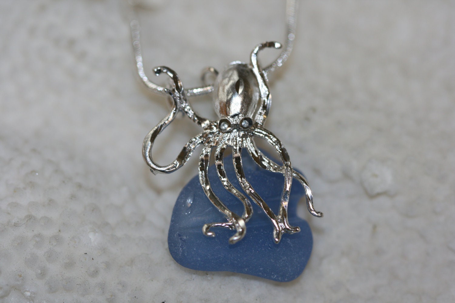 Genuine Cornflower blue sea glass necklace and 925 sterling silver octopus necklace charm pendant