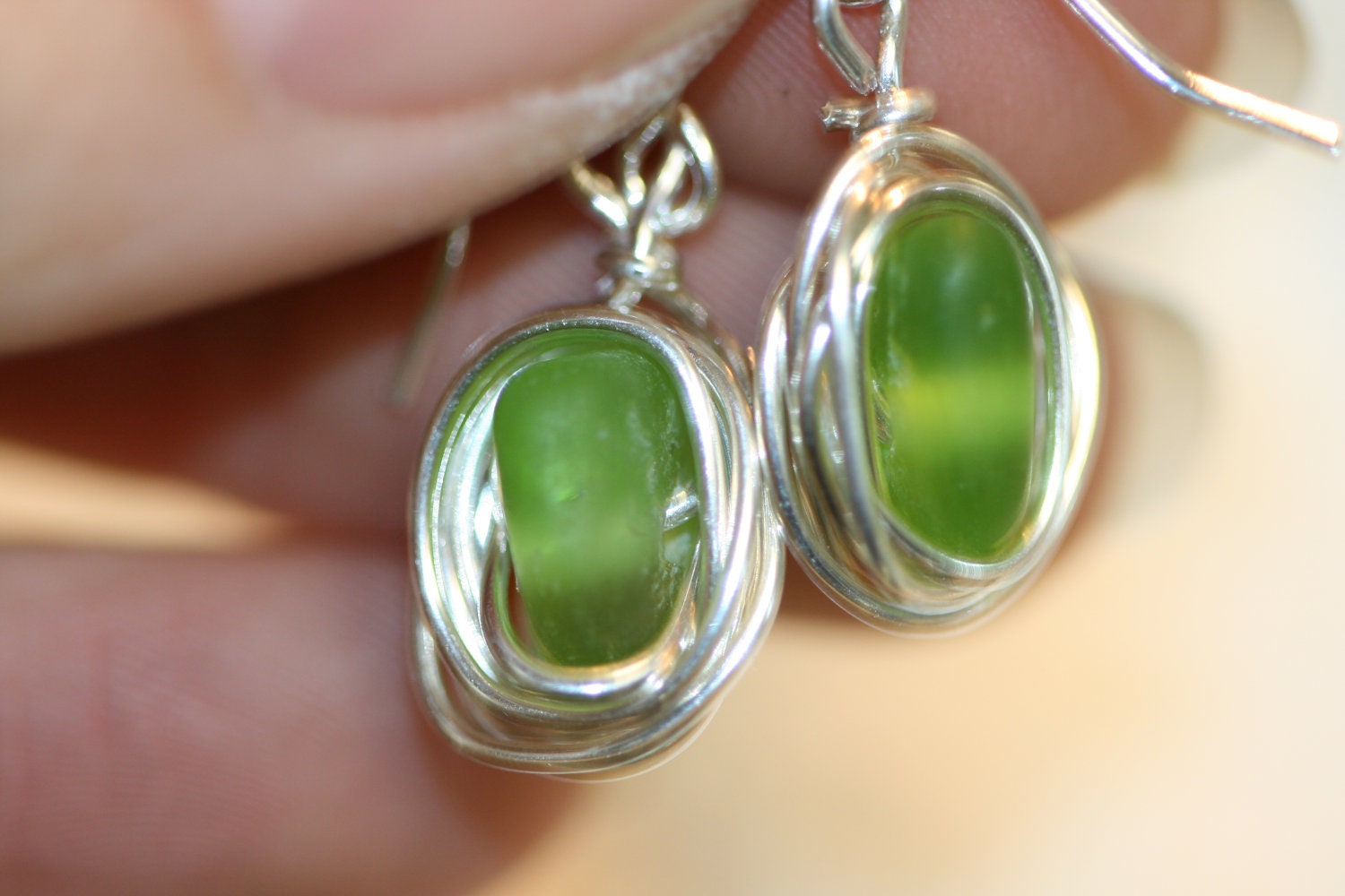 RARE peridot green beach sea glass 925 sterling silver wire wrapped dangling earrings