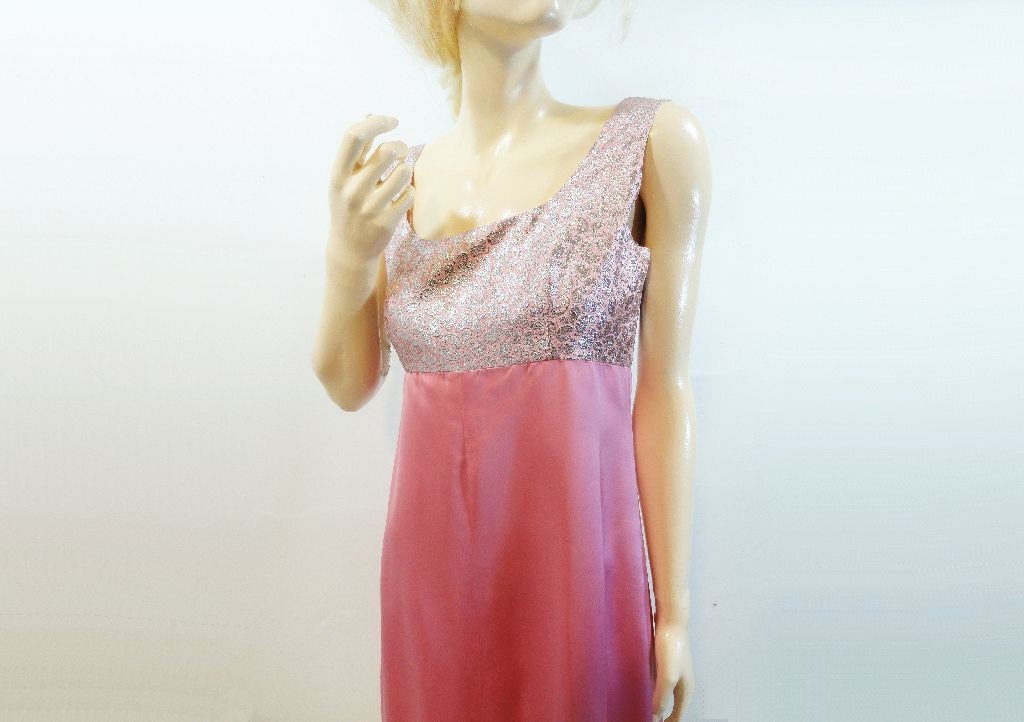 Vintage 60s Dress Pink Cocktail Dress Empire Waist Pink Satin Silver Metallic Size S