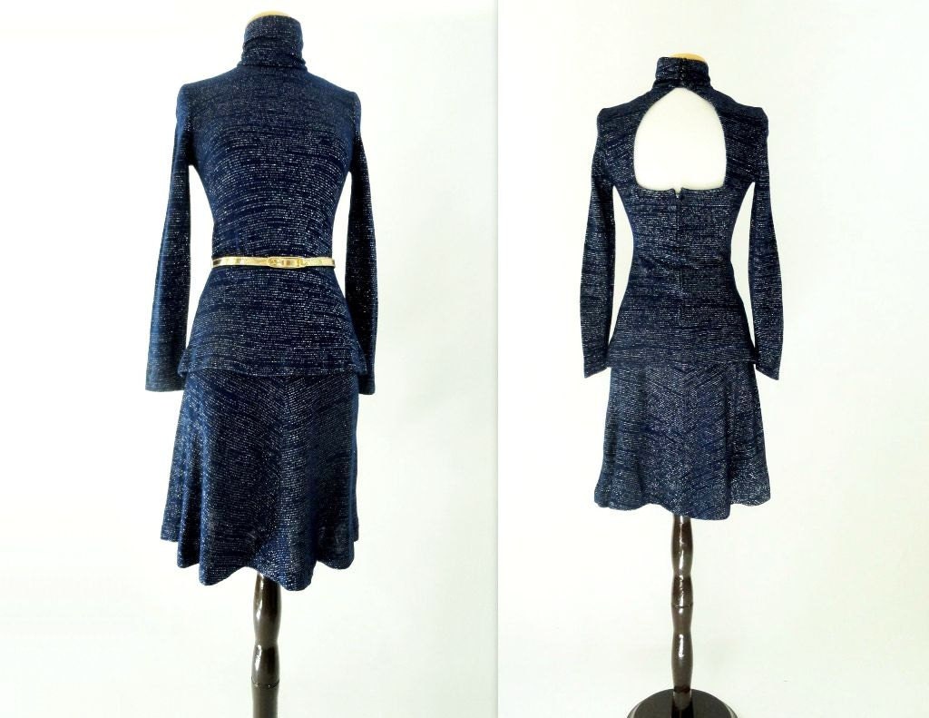 SALE Vintage 60s Suit Wool Knit Skirt Sweater 2pc 1960s Navy / Silver XS