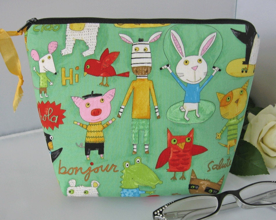 whimsical cosmetic bag /  owls and pig / japanese fabric / make up bag /  ready to ship