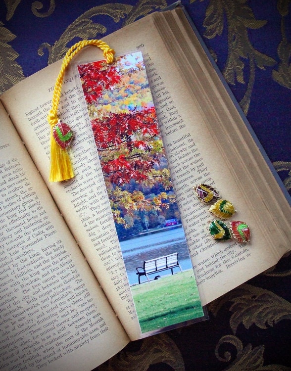 Autumn Fall Foliage Park Bench Lake Resort Fine Art Photography Photo Laminated Handmade Bookmark w/ Cloisonne Leaf Bead