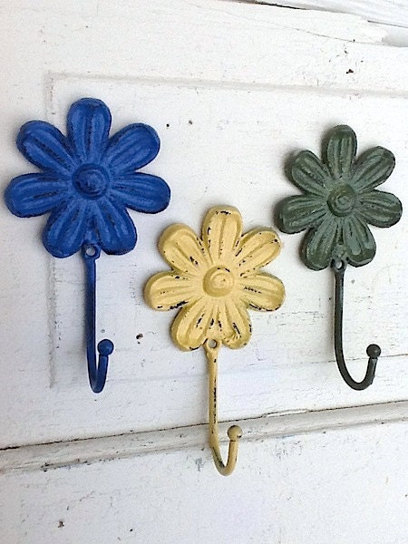 Wall Hook,  Cast Iron Flower Wall Hooks, Set of 3, French Blue, Straw Yellow, Moss Green, Laundry Room,