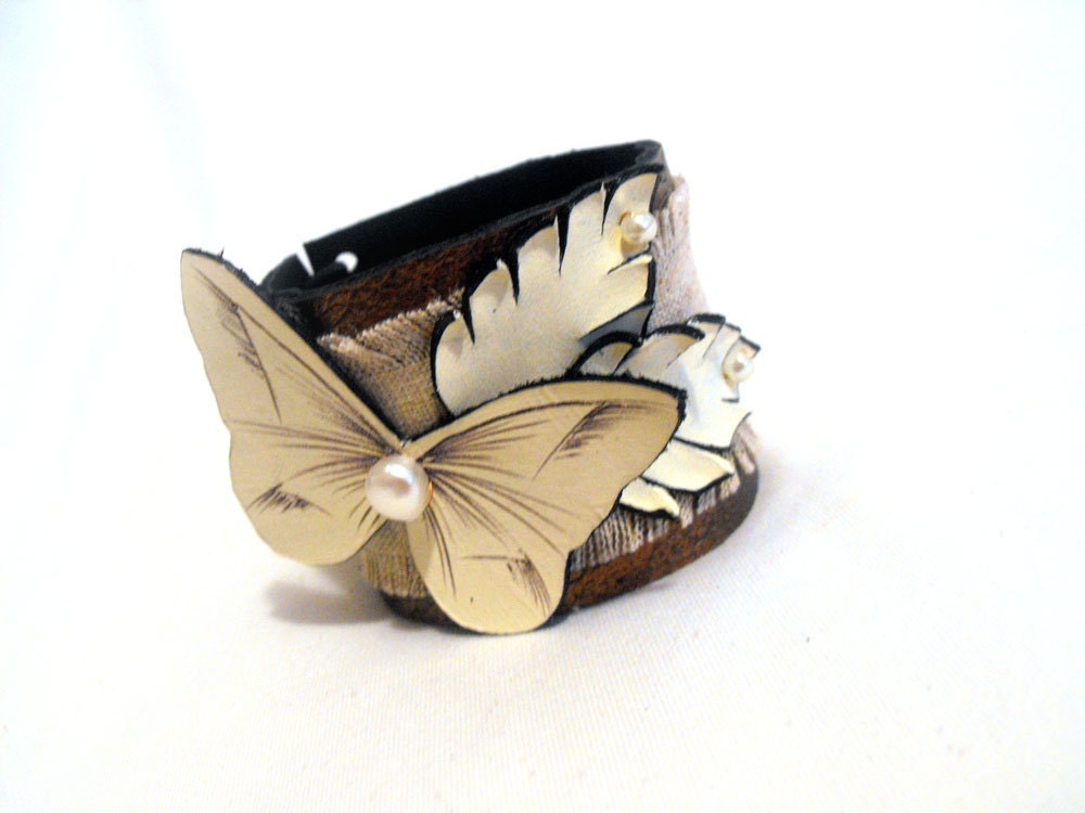 Woman leather bracelet. Leather cuff bracelet with butterfly SALE