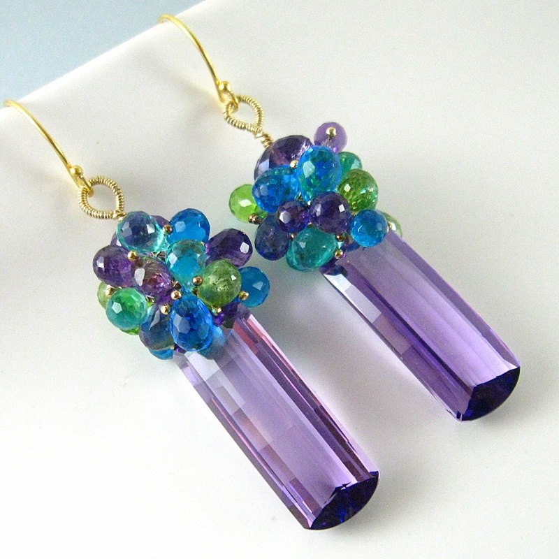 Amethyst Baguettes, Peridot and Quartz Gemstone Lux Earrings